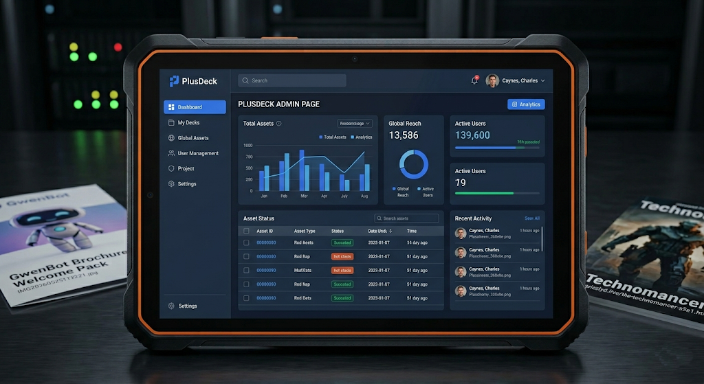 PlusDeck TAB rugged tablet displaying the PlusDeck admin dashboard